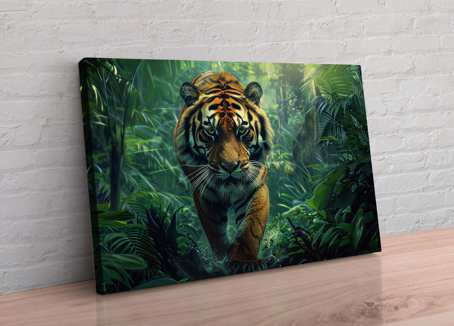 Tiger Approach Jungle Water Cat Animal Canvas Wall Art Painting Picture Print