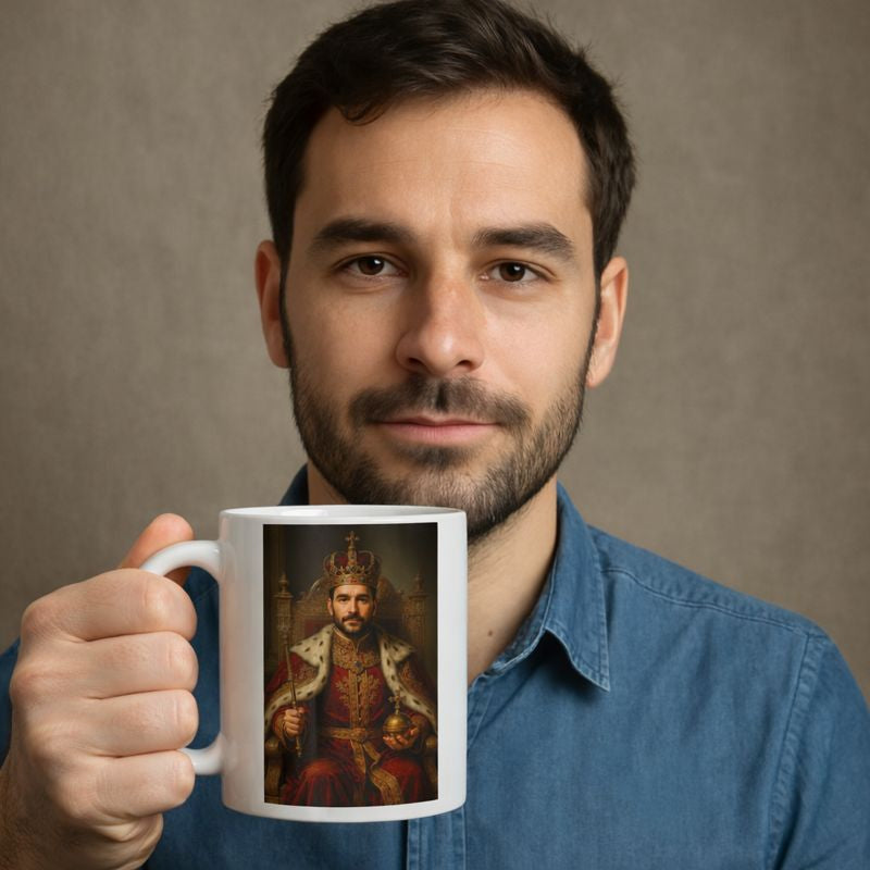 Personalised mug featuring a customer holding a photo mug that transforms their portrait into a royal king, dressed in ornate red and gold robes with a crown and throne