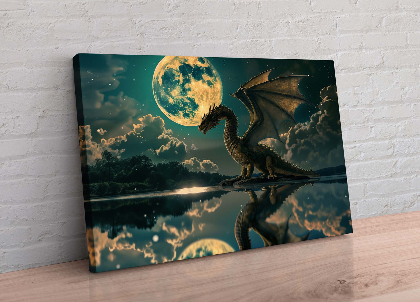 Fantasy Large Dragon In The Moon Canvas Wall Art Painting Picture Print