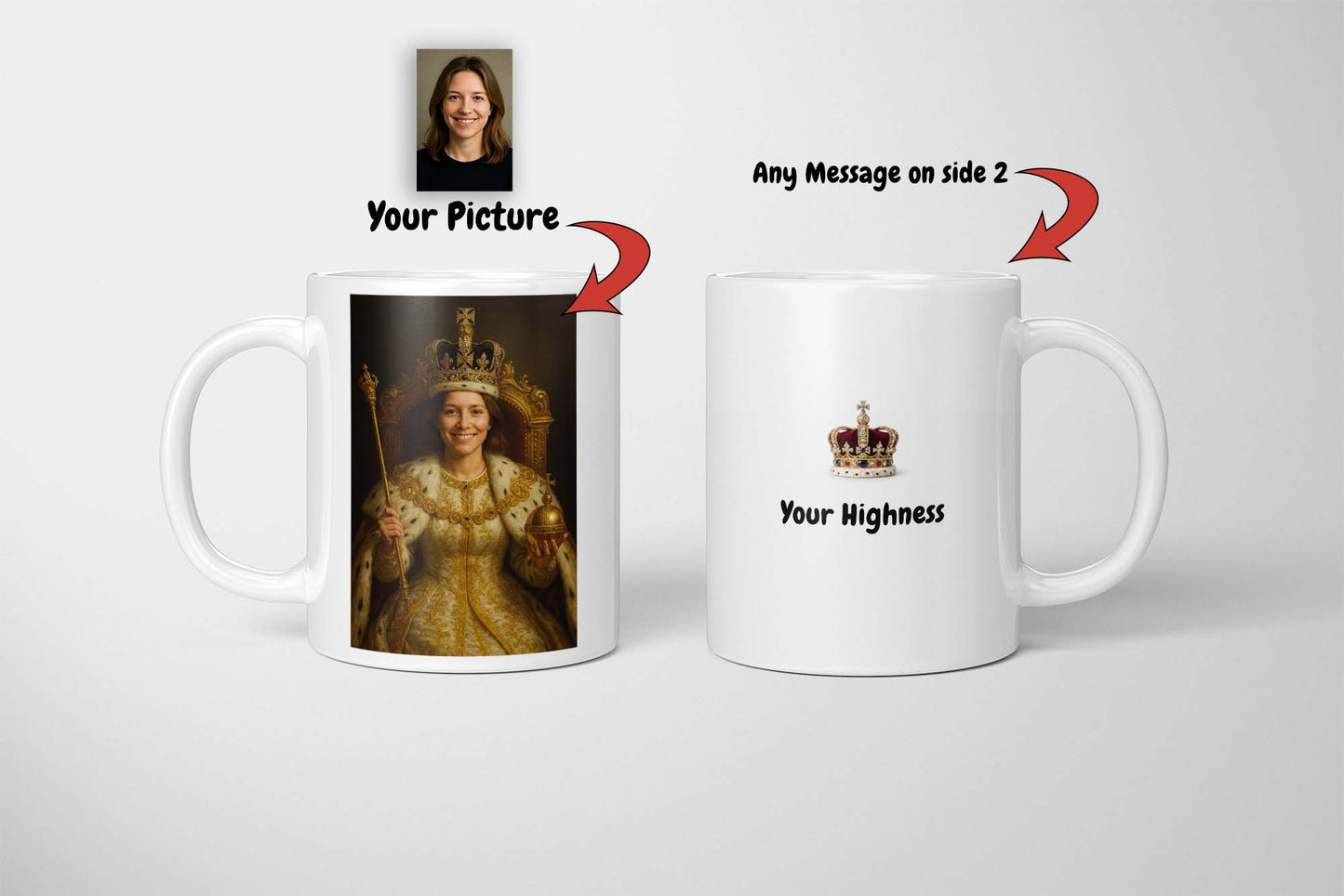 custom photo mug turned into king or queen portrait