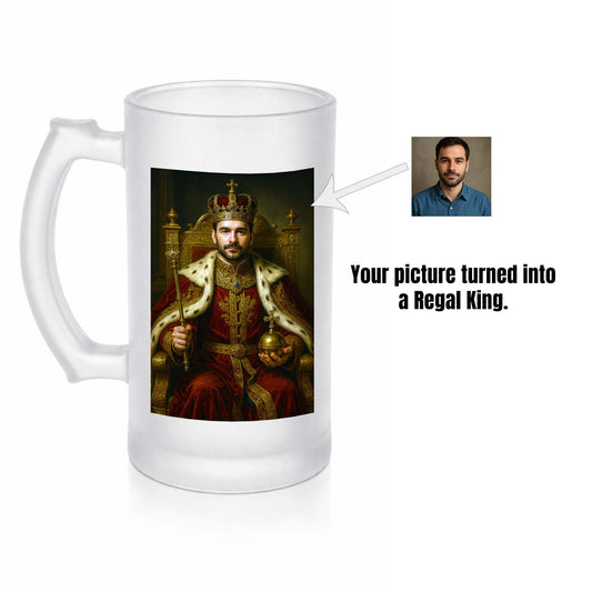 Turn your photo into a regal king portrait printed on a premium frosted glass beer mug. A unique personalised gift for birthdays, Father’s Day, and special occasions.