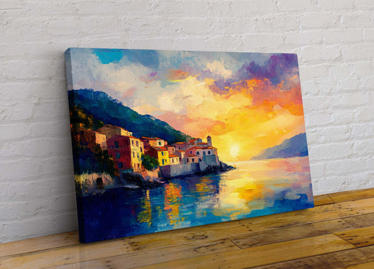 Mediterranean Sunset Abstract Colourful Canvas Wall Art Picture Print in Leonid Afremov Style