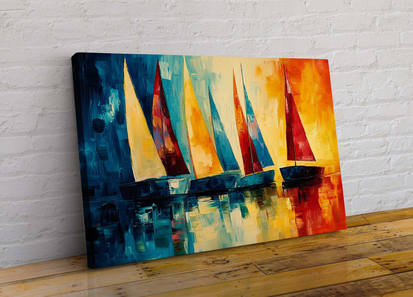 Sunset Boats On The Sea Abstract Colourful Canvas Wall Art Picture Print in Leonid Afremov Style