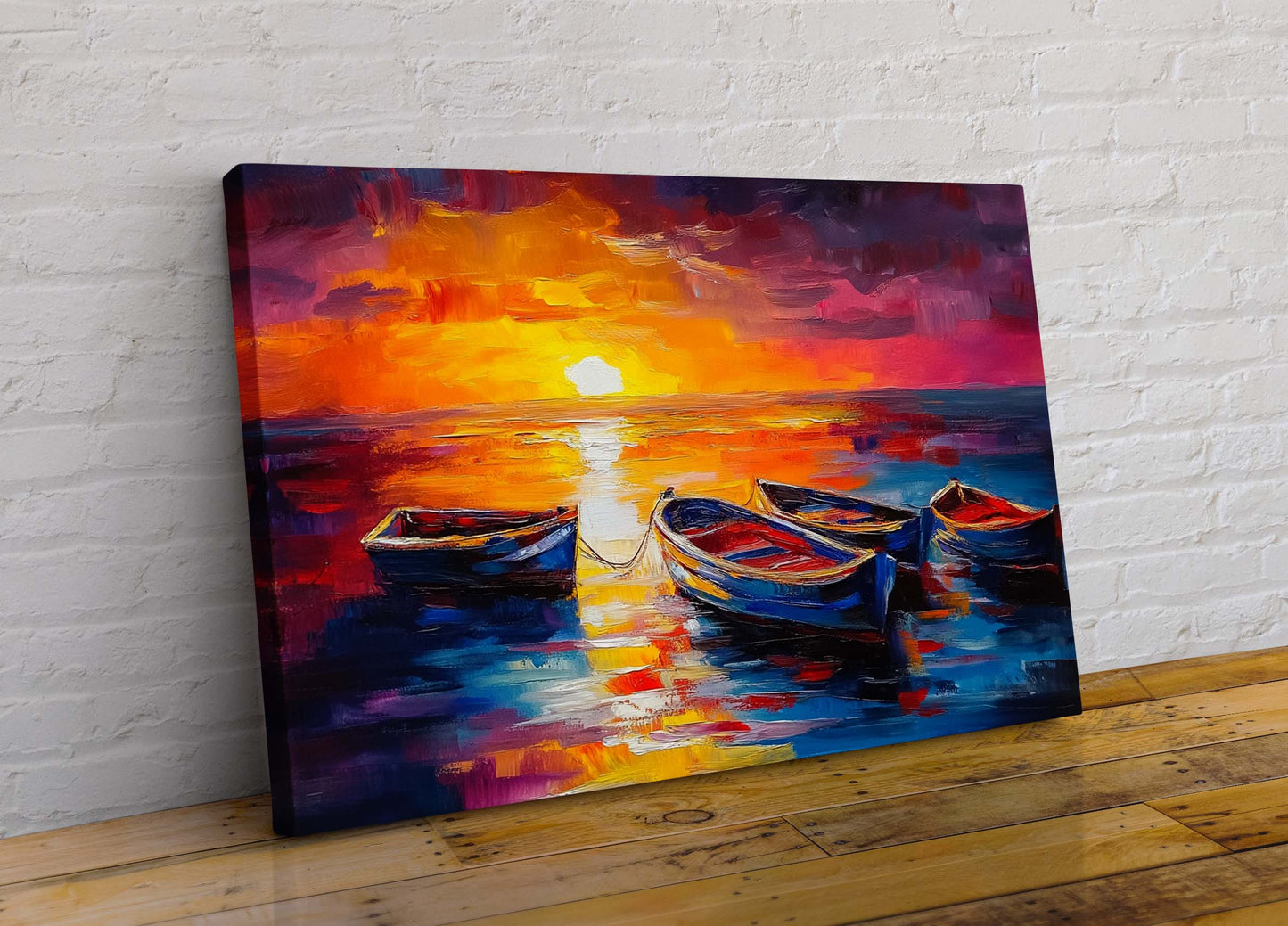 Sunset Boats On The Sea 2 Abstract Colourful Canvas Wall Art Picture Print in Leonid Afremov Style