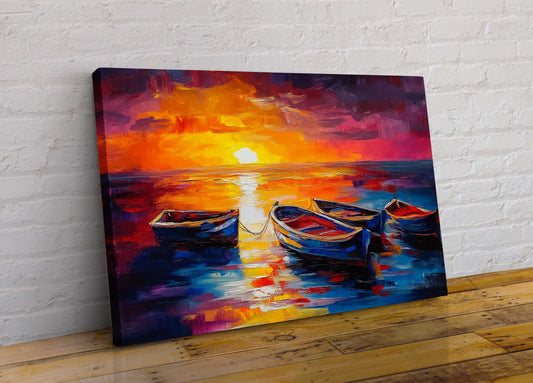 Sunset Boats On The Sea 2 Abstract Colourful Canvas Wall Art Picture Print in Leonid Afremov Style