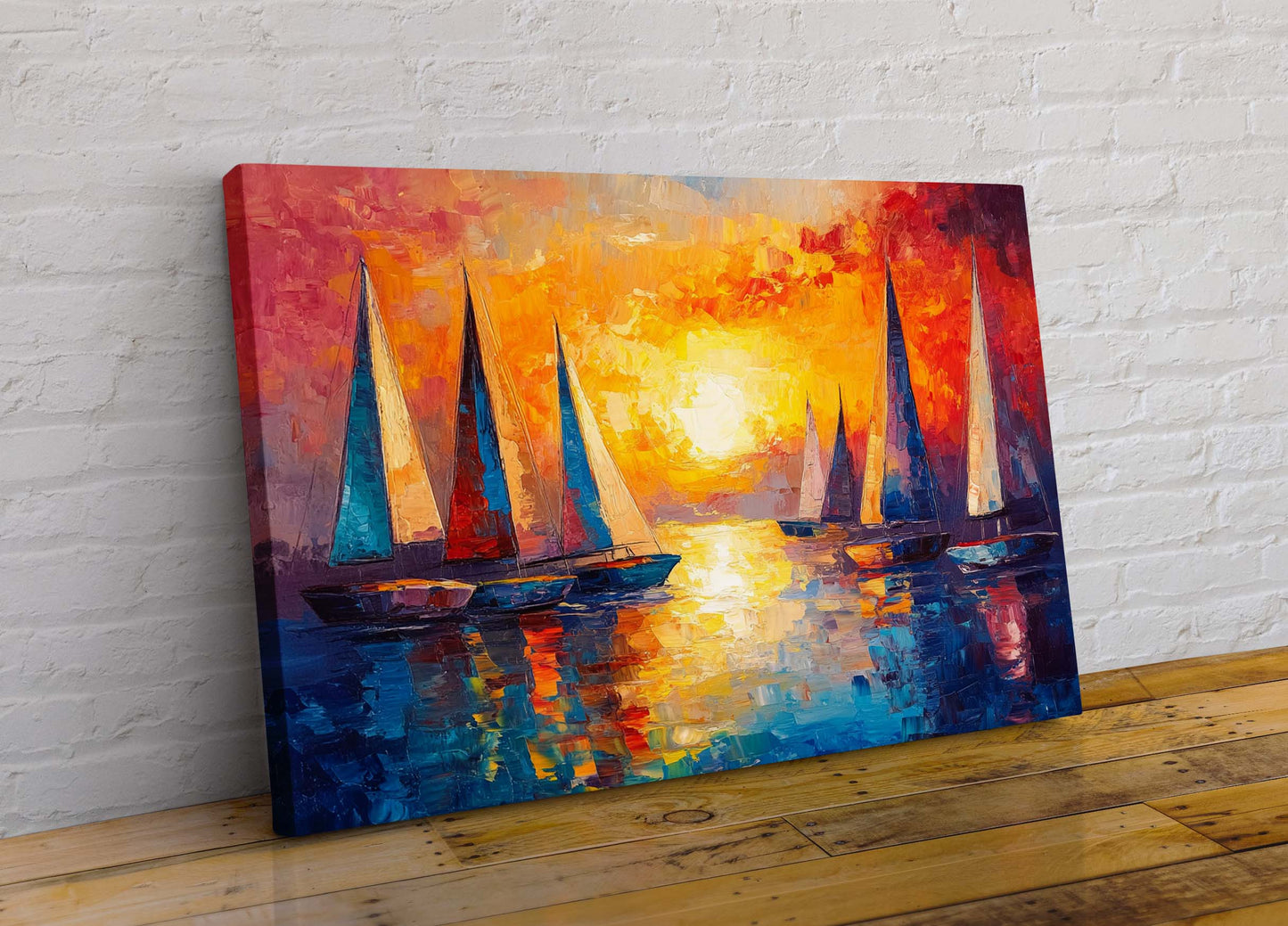 Sunset Boats On The Sea 3 Abstract Colourful Canvas Wall Art Picture Print in Leonid Afremov Style